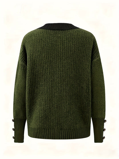 Plus Size Oversized Women's Sweater - Soft Knit Pullover with Button Front Placket, Long Sleeve Crew Neck for Fall/Winter