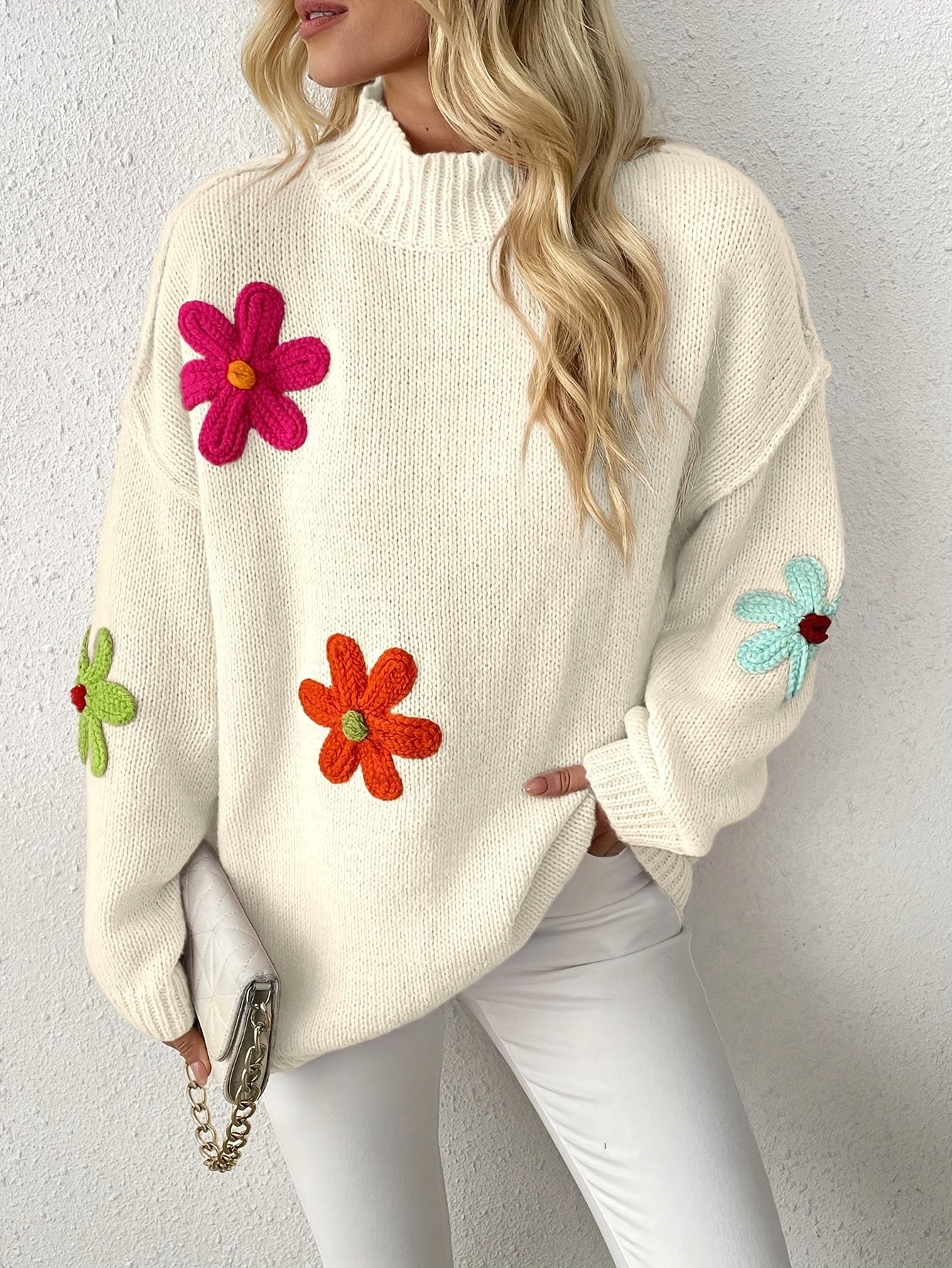 Plus Size Floral Applique Knit Sweater – Women's Long Sleeve High Neck Pullover for Fall & Winter