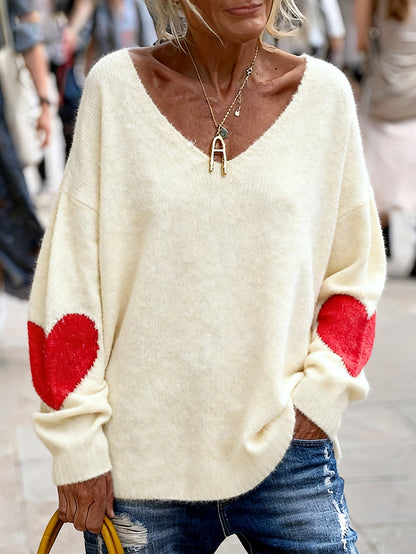 Plus Size V-Neck Heart-Pattern Pullover Sweater – Loose Oversized Knit for Fall/Winter