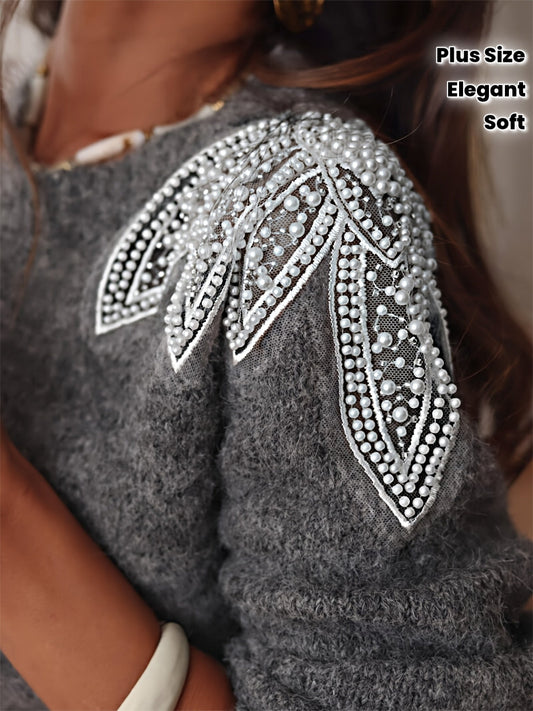 Plus Size Women's Stretch Knit Sweater with Beaded Shoulder Accents – Oversized Crewneck Pullover, Long Sleeve for Fall/Winter