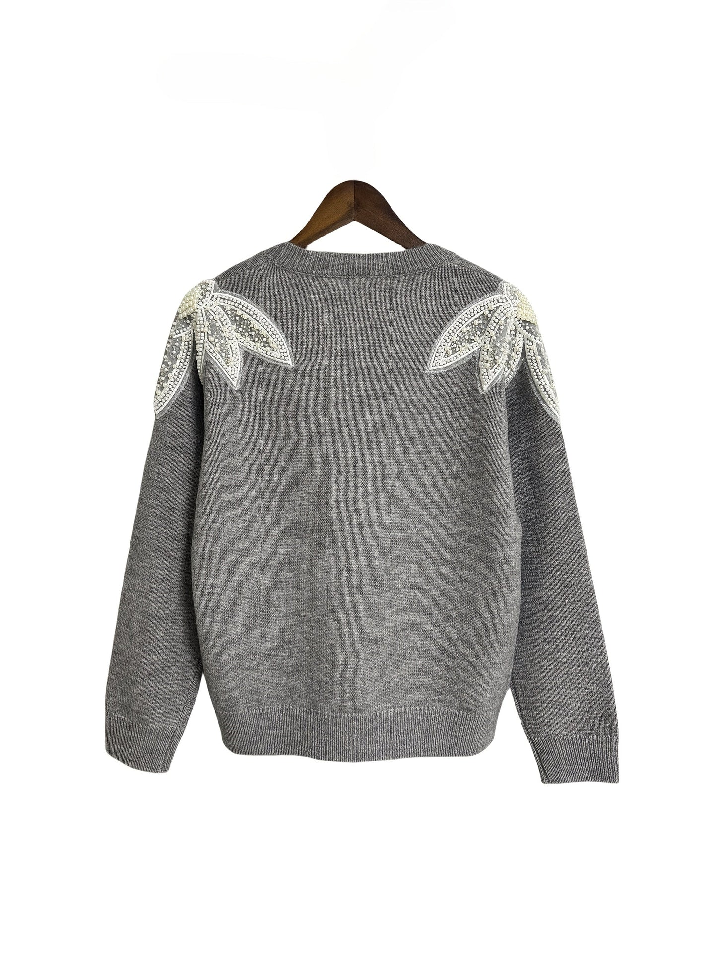 Plus Size Women's Stretch Knit Sweater with Beaded Shoulder Accents – Oversized Crewneck Pullover, Long Sleeve for Fall/Winter