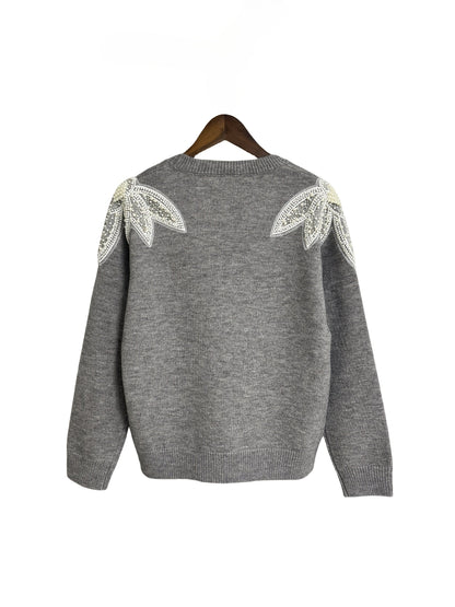 Plus Size Women's Stretch Knit Sweater with Beaded Shoulder Accents – Oversized Crewneck Pullover, Long Sleeve for Fall/Winter