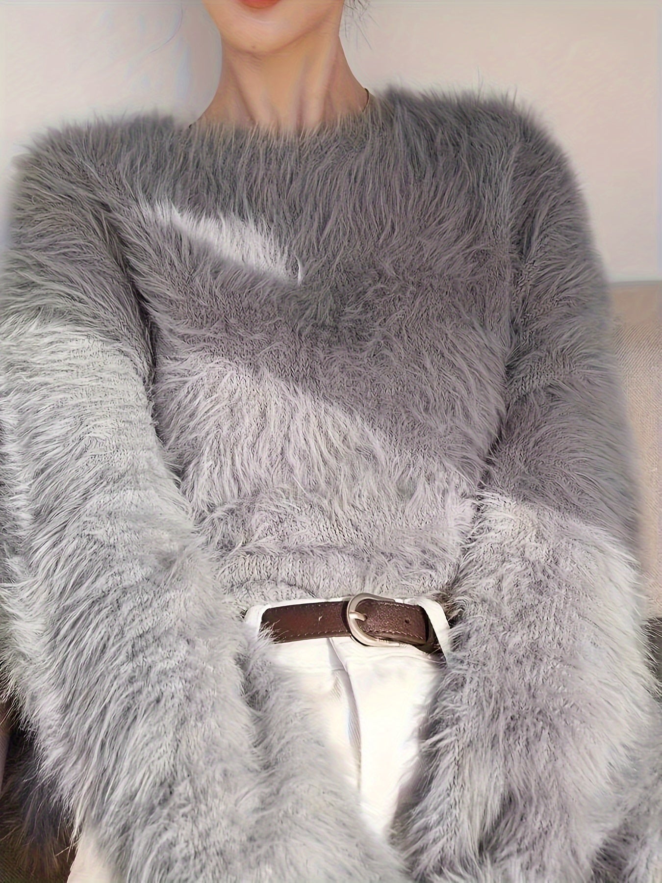 Women's Plus Size Faux Mink Long Fur Pullover Sweater, Crew Neck Polyester Knit, Stretch, All-Season