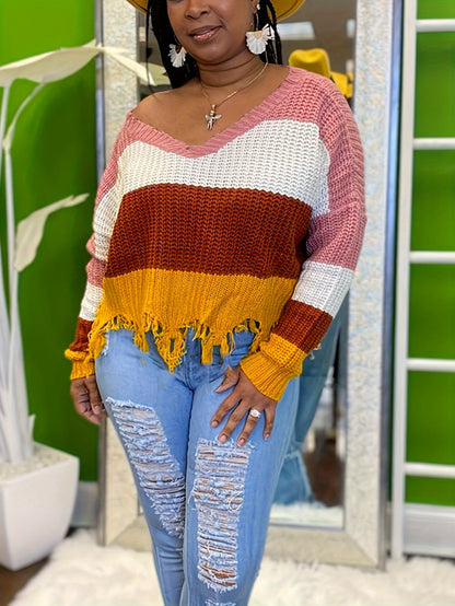 Plus Size Women's V-Neck Striped Frayed Hem Sweater, Drop Shoulder Loose Fit Pullover, All-Season Knit