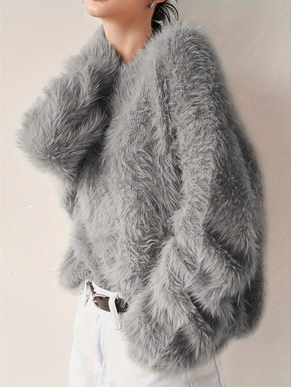 Women's Plus Size Faux Mink Long Fur Pullover Sweater, Crew Neck Polyester Knit, Stretch, All-Season