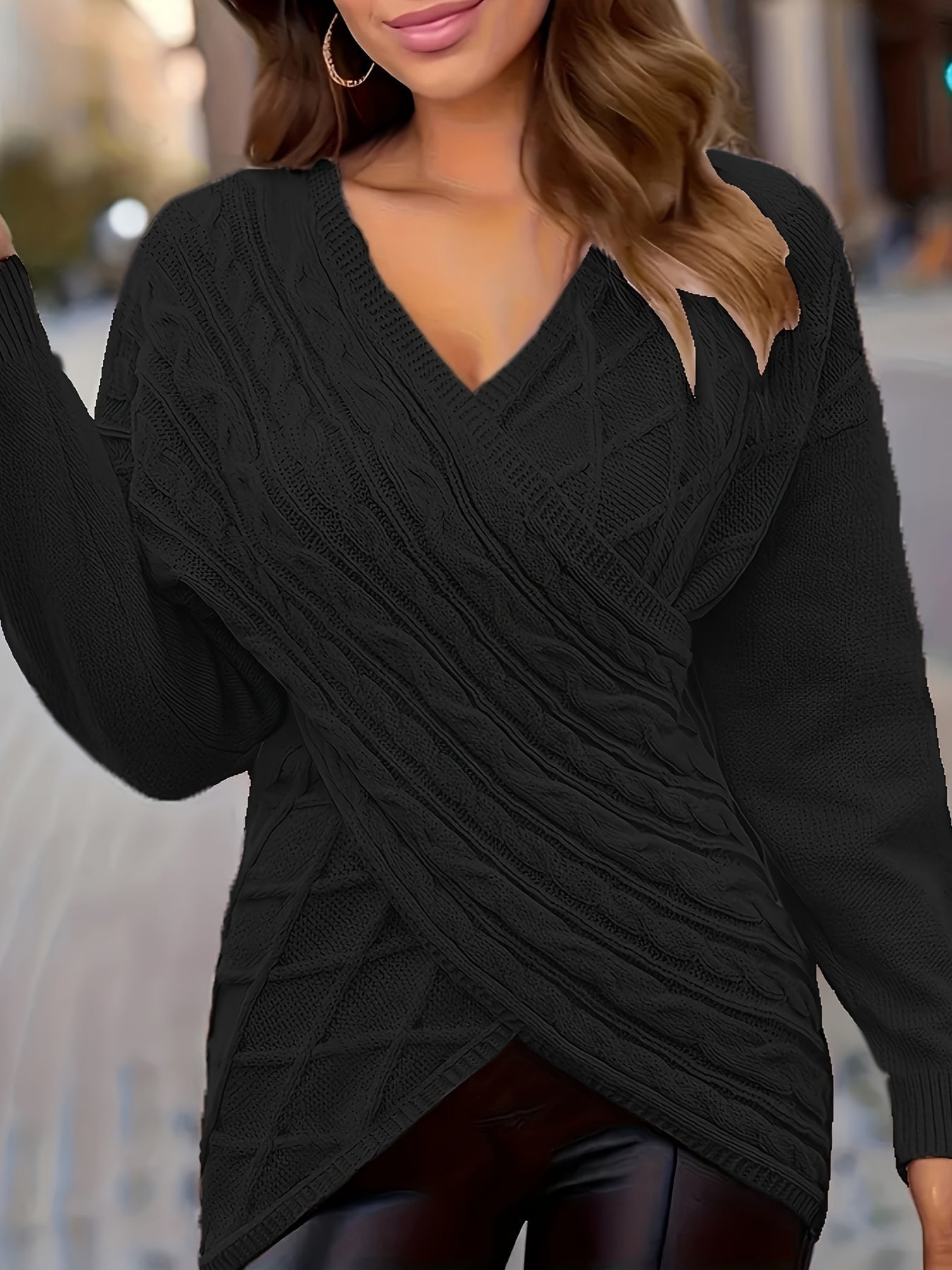 Plus Size Cable Knit Wrap V-Neck Sweater, Drop Shoulder Long Sleeve Pullover