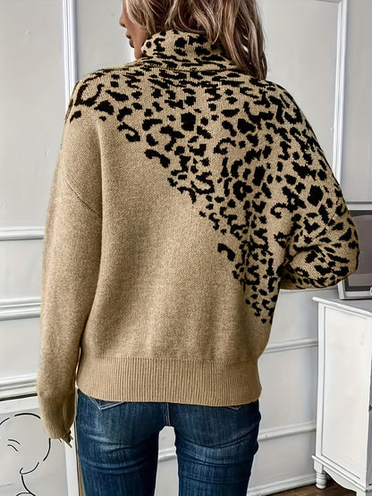 Plus Size Leopard Print Sweater - Cozy Acrylic High-Neck Pullover, Long Sleeve Oversized Knit for Fall Winter