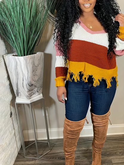 Plus Size Women's V-Neck Striped Frayed Hem Sweater, Drop Shoulder Loose Fit Pullover, All-Season Knit