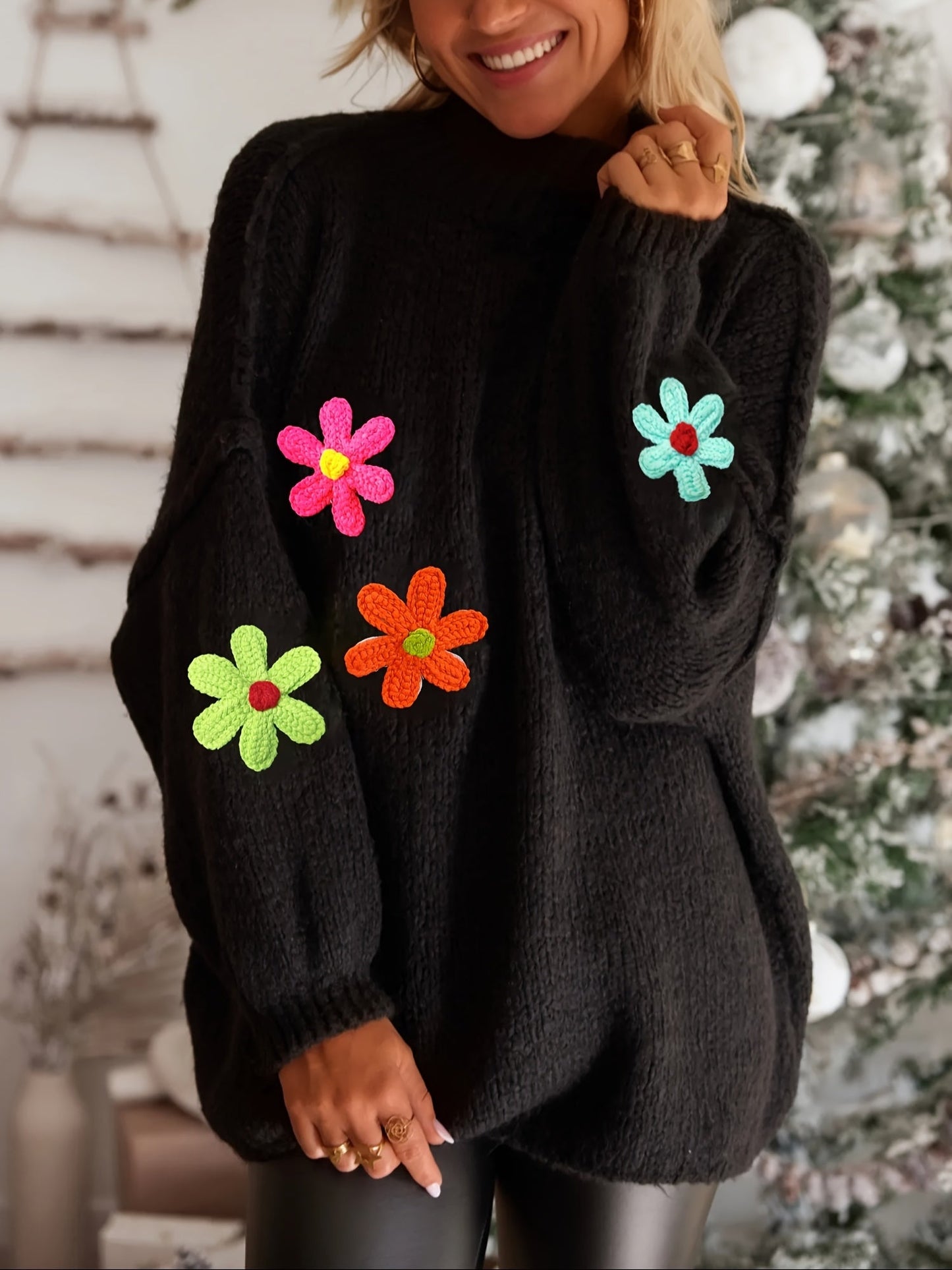 Plus Size Floral Applique Knit Sweater – Women's Long Sleeve High Neck Pullover for Fall & Winter