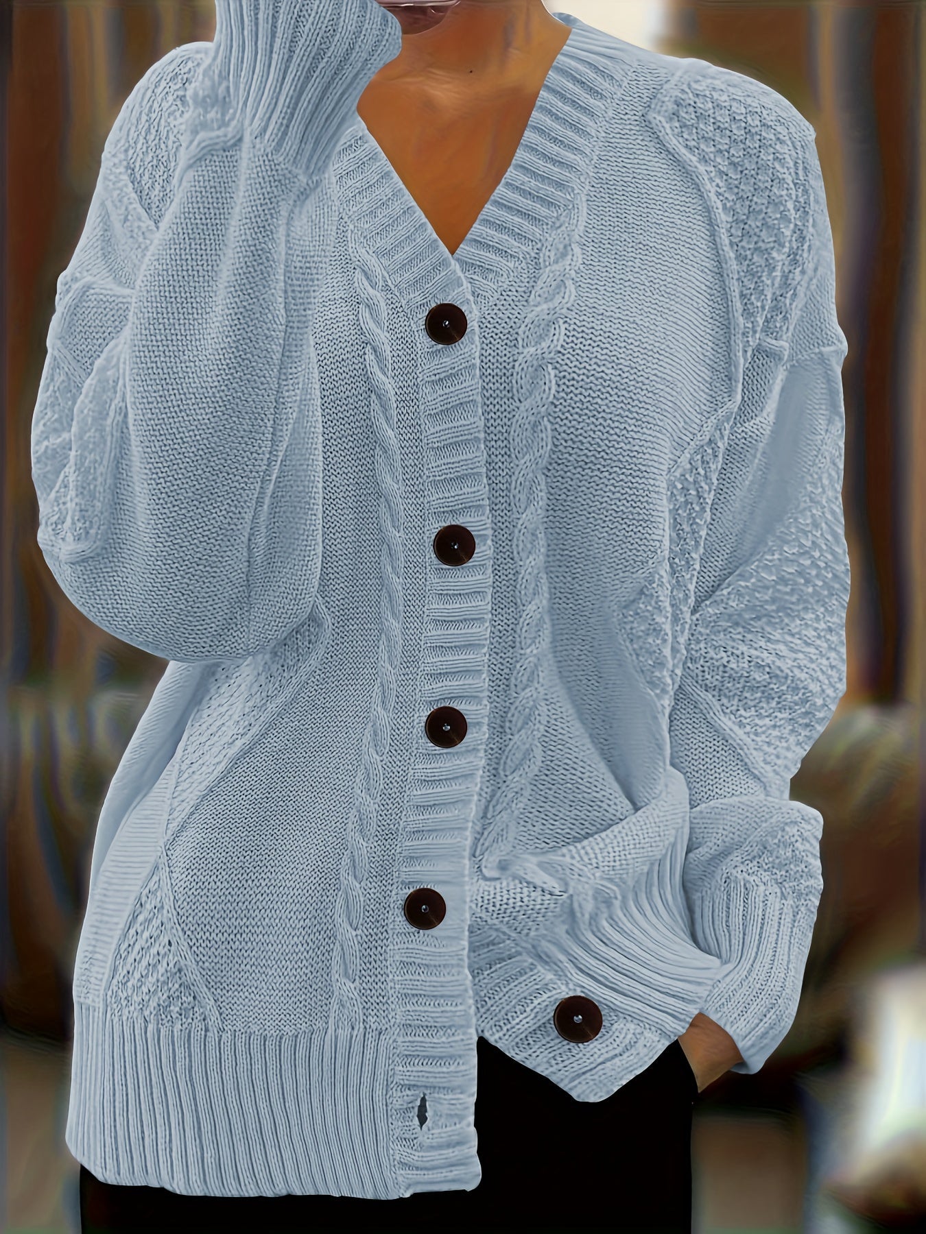 Plus Size Twist-Front Button Cardigan Sweater – V-Neck Long Sleeve Casual Knit